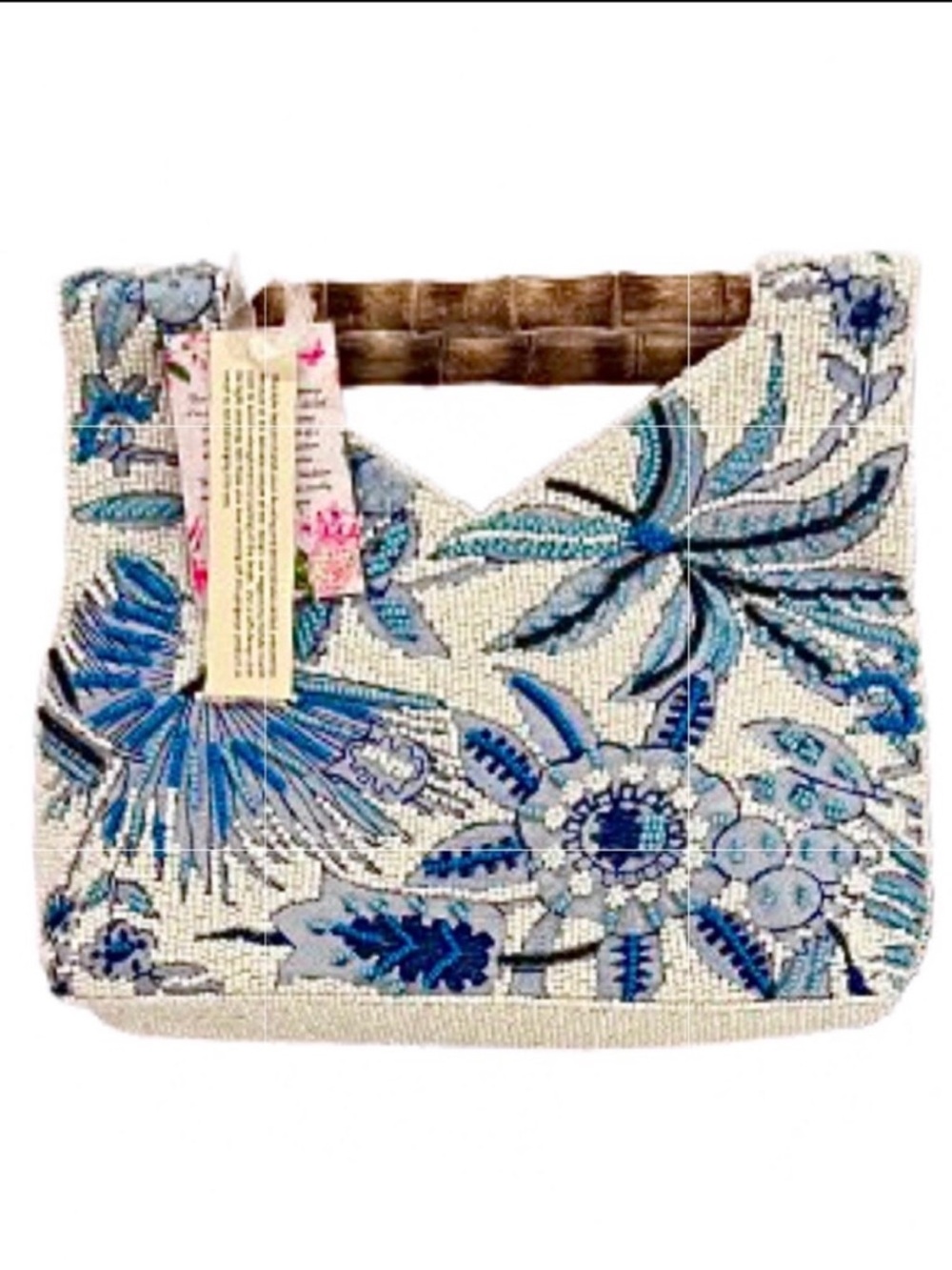 🆕-Viral Handmade Beaded Blue Floral Handbag with Bamboo Handle. GORGEOUS